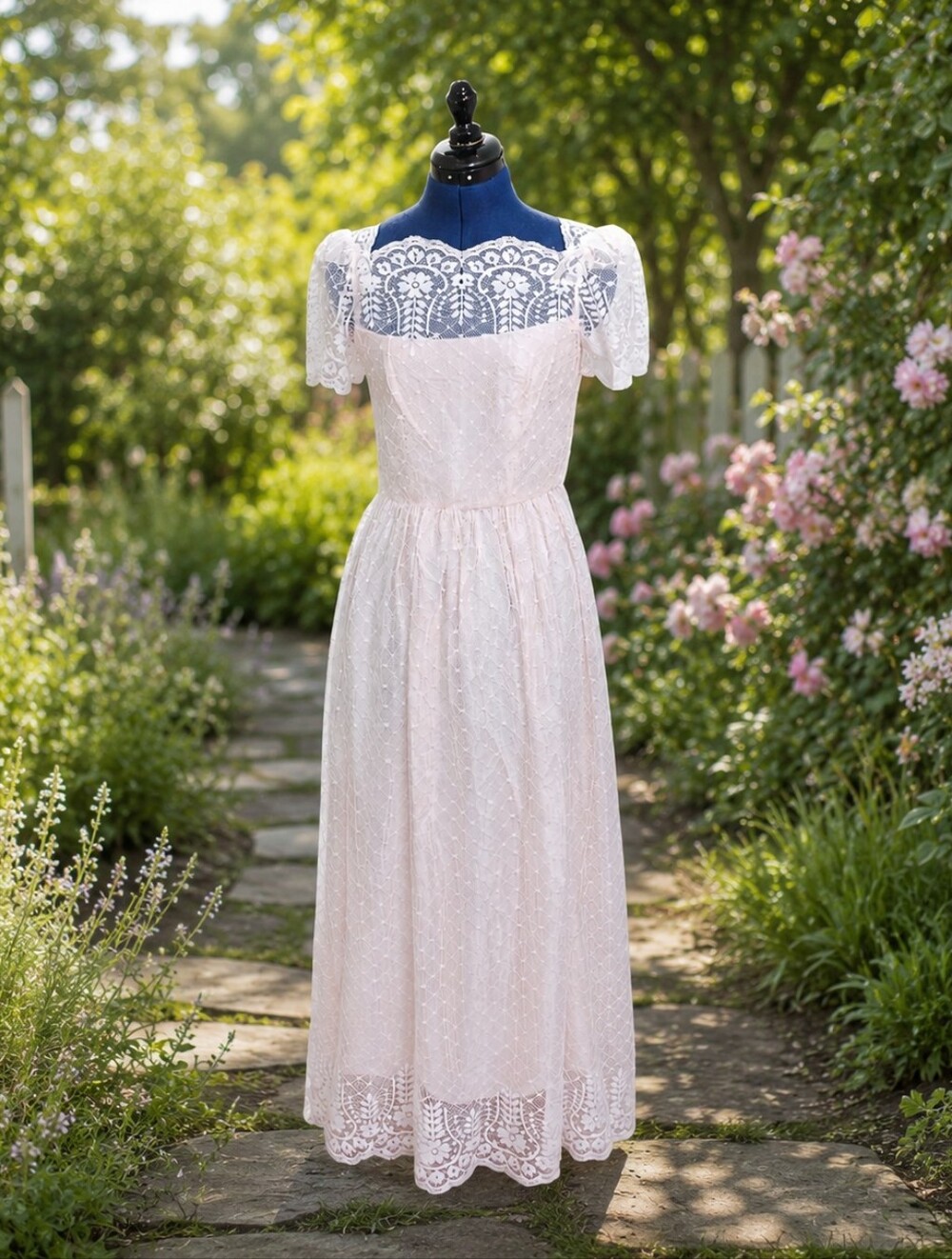 Vintage Pink Lace Dress with Puff Sleeves